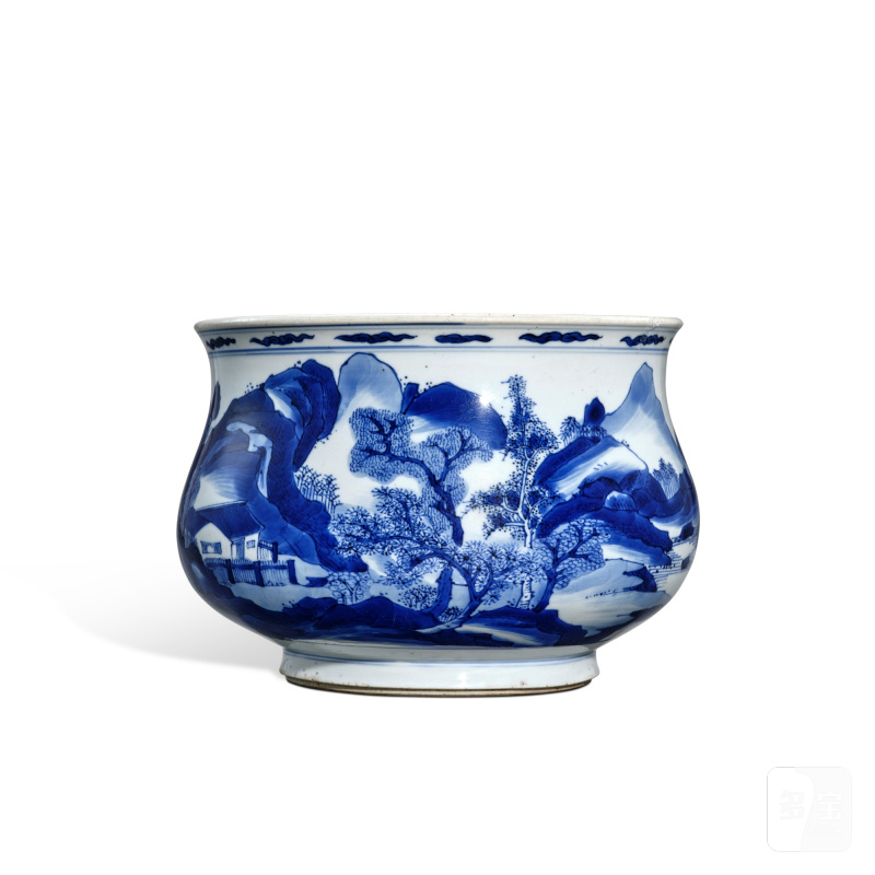 A blue and white ‘landscape’ incense burner, Qing dynasty, Kangxi period | 清康熙 青花山水圖香爐 - 图1